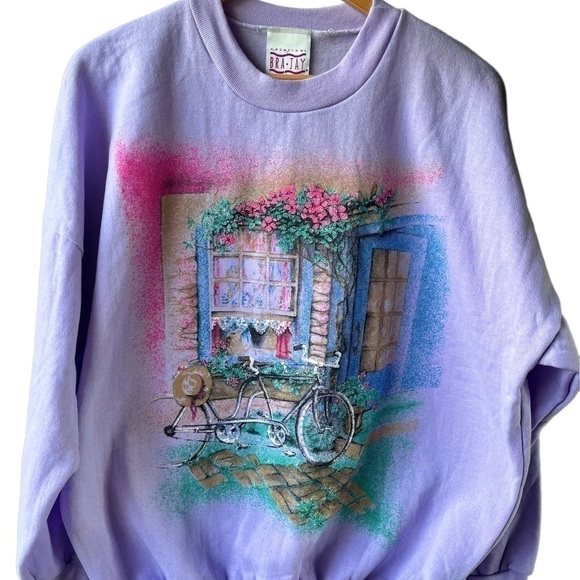 𝅺VINTAGE | NWT Cottage Print Fleece Crewneck Sweater Purple - Picture 3 of 7